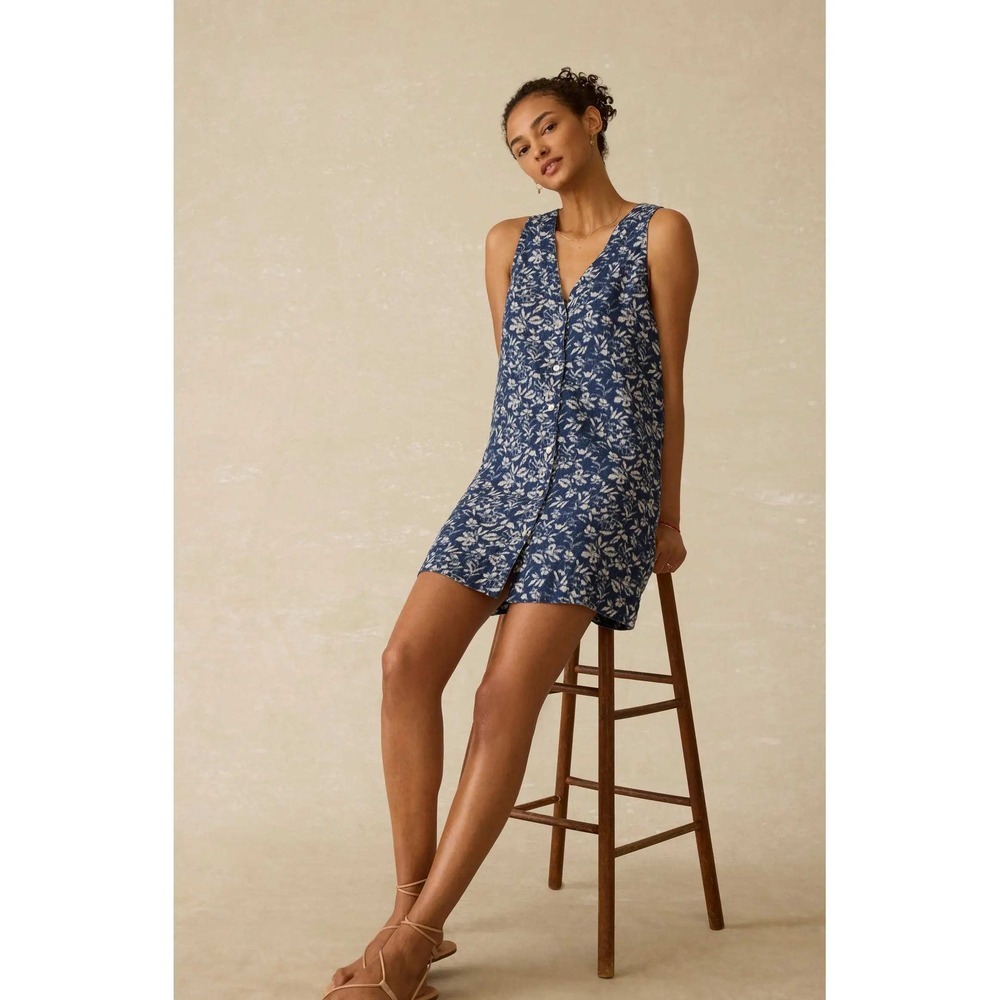 Faherty Alston LInen Button Up Dress Medium Juniper Ikat Floral Sun Strider Boho